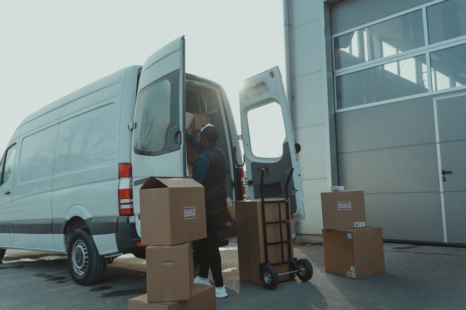 A man with light skin and a serious expression stands beside a moving van during a house relocation. He is wearing a beige knitted beanie, a grey padded vest over a navy blue and grey jacket, and dark gloves. In his hands, he holds a black strap used for securing furniture during transport. The open sliding door of the van reveals cardboard moving boxes stacked inside, with some boxes partially visible behind him. The interior of the van appears dark with a curtain covering the window. The setting suggests the loading process of furniture and packed belongings as part of a professional removals service provided by Man with Van Maida Vale, supporting house and office moves in the Maida Vale area.