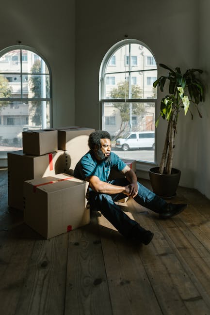 A man with curly hair wearing a blue T-shirt and dark jeans sits on the wooden floor of a bright room with large arched windows, which reveal a street view with parked cars and trees outside. He is surrounded by several cardboard moving boxes, some sealed with red tape, indicating they are prepared for a house relocation. The room is illuminated by natural light streaming through the windows, casting soft shadows in the space. In the corner, a tall potted plant adds greenery to the scene. The boxes are stacked and positioned near the man, suggesting they are part of a packing and moving process. The setting appears to be inside a residential property, with a focus on interim storage during the packing and loading stages of the relocation, a service offered by Man with Van Maida Vale.